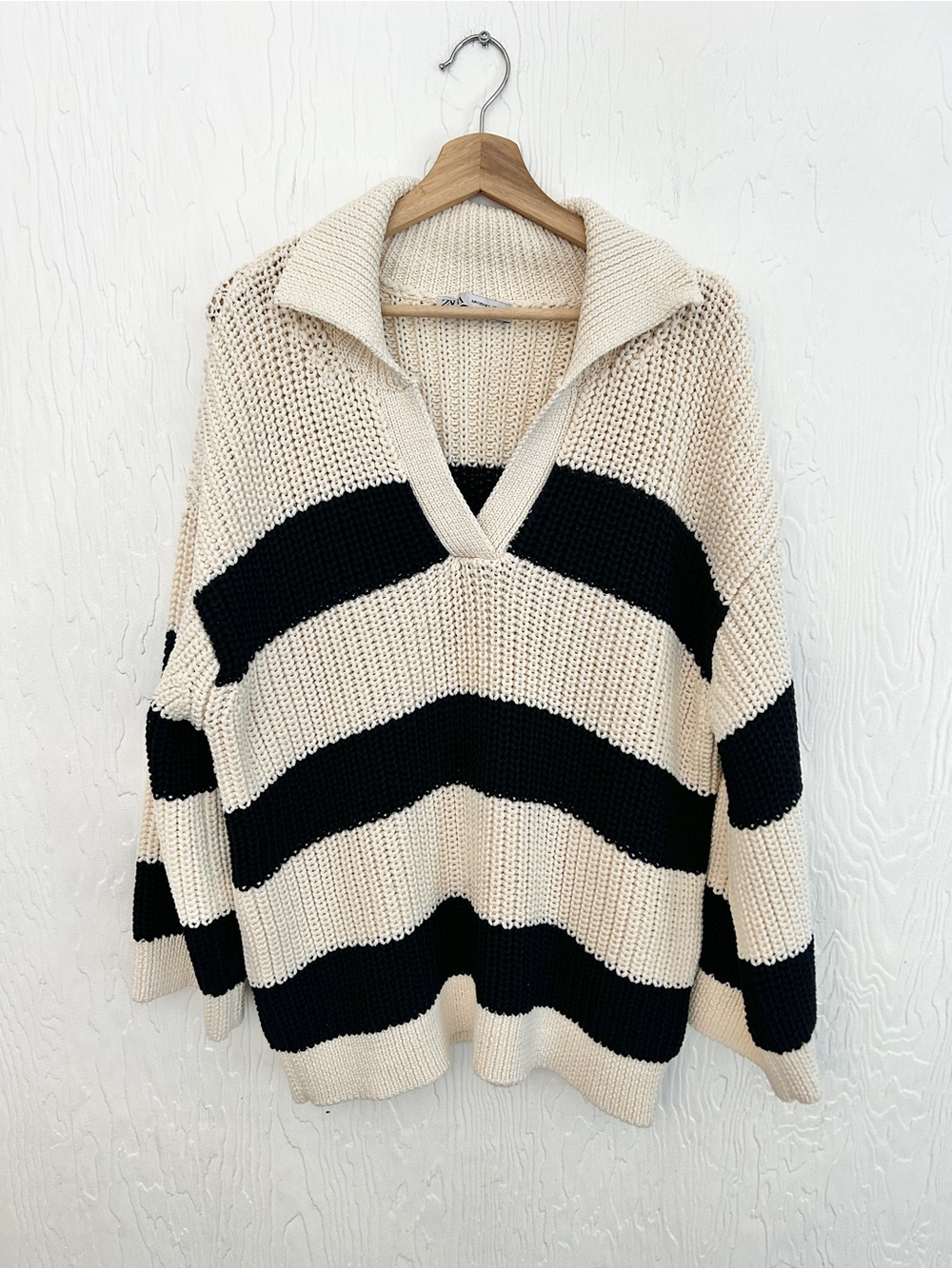 ZARA Oversized Chunky Knit Striped Rugby Sweater Cream Black Med-Lg Coastal